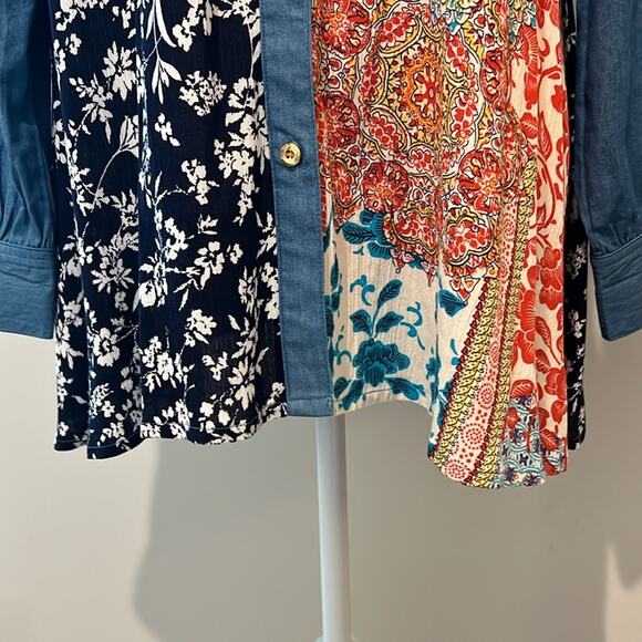 EUC Caleoas Mixed Media‎ Patchwork Drapey Button Down Top Blouse Large L Boho - Picture 3 of 16